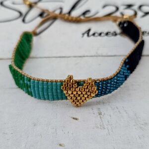 Miyuki Gold Heart Adjustable Bracelet in Green and Teal
